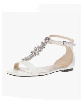 XYD White Open Toe Rhinestone T-Strap Flat Sandals Ankle Strap Low Heel Shoes